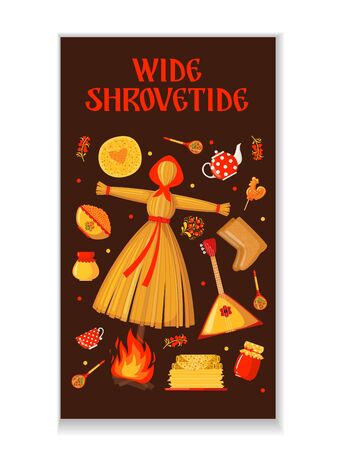 Maslenitsa banner or poster in flat style. Stories template for traditional Russian carnival. Vector illustration.のイラスト素材