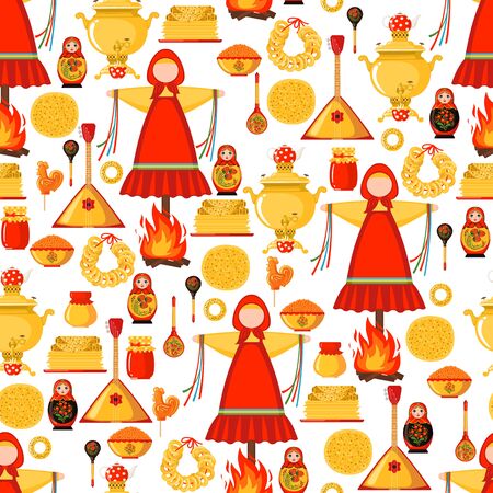 Maslenitsa seamless pattern in flat style isolated on white background. Traditional Russian holiday Carnival. Design element for poster, banner, card, fabric or textile. Vector illustration.のイラスト素材