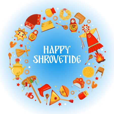 Maslenitsa or Shrovetide greeting card in flat style isolated on white background. Traditional Russian holiday Carnival. Design element for cards, poster or banner. Vector illustration.のイラスト素材