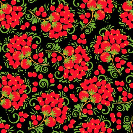 Khokhloma seamless pattern with berries and leaves on black background. Traditional Russian floral element. Design for textile. fabric, wallpaper. wrapping.のイラスト素材