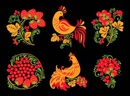 Set of traditional Russian Hohloma ornament with birds and berries on black background. Vector illustration.のイラスト素材