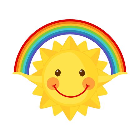 Cute sun holds a rainbow isolated on white background. Summer Icon in flat style. Vector illustration.のイラスト素材