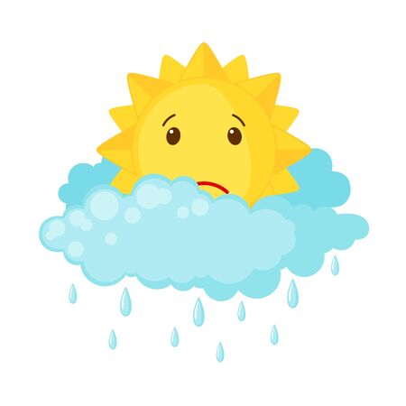 Cute sun with clouds and rain isolated on white background. Icon in flat style. Weather concept. Vector illustration.のイラスト素材