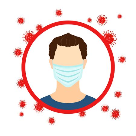 Man icon in medical mask with Coronavirus Bacteria in flat style isolated on white background. Stop pandemic covid-19 concept. Vector illustration.のイラスト素材