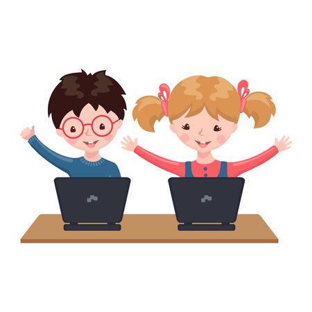 Young boy and girl sitting at a table and studying at the computer at home. Online education concept in cartoon style isolated on white background. Stay at home. Vector illustrationのイラスト素材