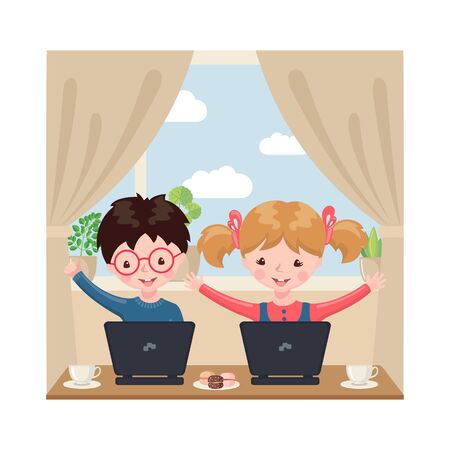 Young boy and girl sitting at a table and studying at the computer in home interior. Online education concept in cartoon style. Stay at home. Vector illustrationのイラスト素材