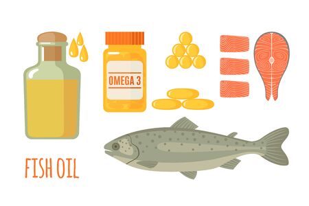 Fish oil icons set in flat style isolated on white background. Healthy seafood, fish oil in bottle and softgel pills. Vector illustration.のイラスト素材
