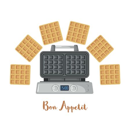 Waffle iron with waffles in the shape of hearts in a cartoon style isolated on white background. Tasty dessert. Vector illustration.のイラスト素材