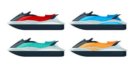 Colored Jet scooter icons set in flat style isolated on white background. Cartoon water bike. Vector illustration.のイラスト素材