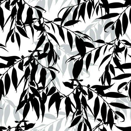 Monochrome vector cute seamless pattern with willow leaves isolated on white background..のイラスト素材