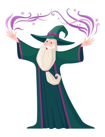 Cartoon wizard character wand isolated on white background. Old witch man in wizards robe and hat. vector illustration.のイラスト素材