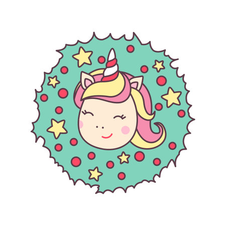 Cute kawaii character unicorn head with Christmas wreath isolated on white background. Holiday design element for greeting card and print for t-shirt. vector illustration.のイラスト素材