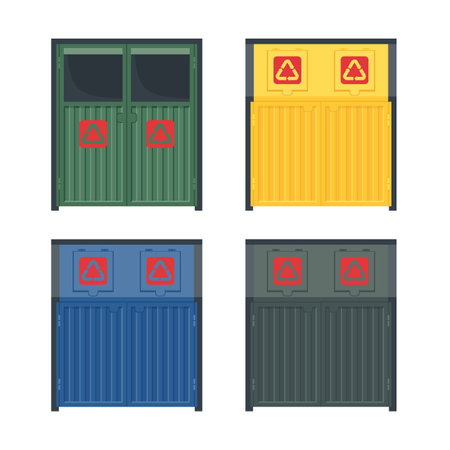Set of trash container icons with recycle symbol in flat style isolated on white background.のイラスト素材