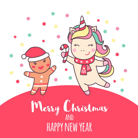 Greeting holiday card with cute Unicorn and gingerbread man for Merry Christmas and New Year.のイラスト素材