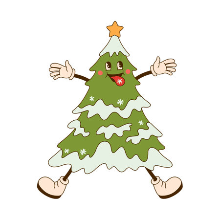 Groovy hippie Christmas tree in trendy retro flat style isolated on white background.のイラスト素材