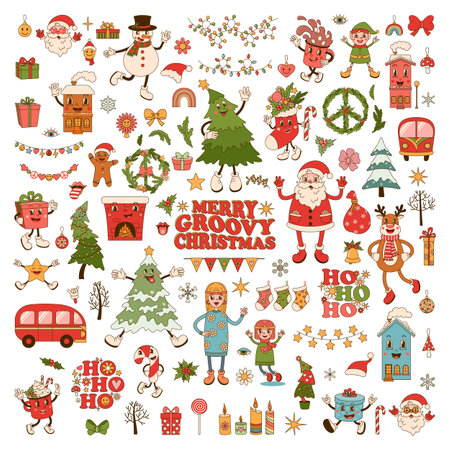 Merry Christmas groovy icon set in trendy retro style isolated on white background.のイラスト素材