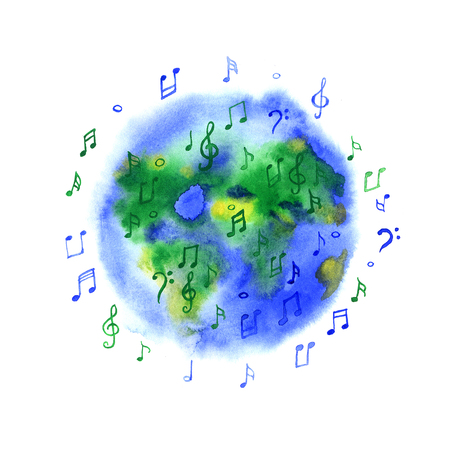 Watercolor music planet Earth on white backgroundの写真素材