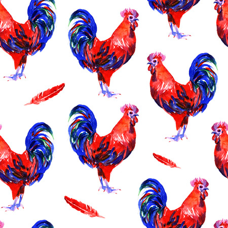 watercolor new year red fire rooster pattern on white backgroundの写真素材