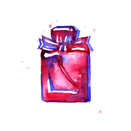 watercolor pink bottle with perfume on a white backgroundの写真素材