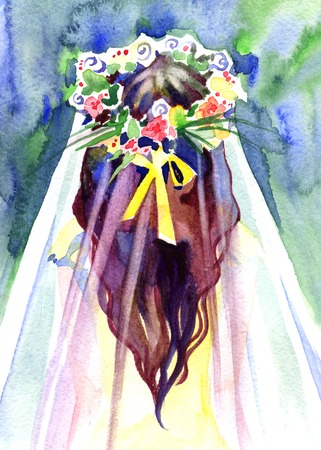 Girl in wedding hair style with flowers from the backの写真素材