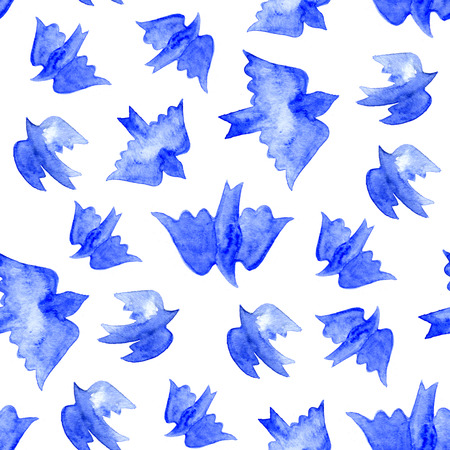Watercolor blue birds seamless pattern on white background.の写真素材
