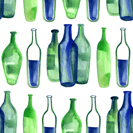 Abstract seamless background. Green wine bottles, glasses and watercolor blots.の写真素材