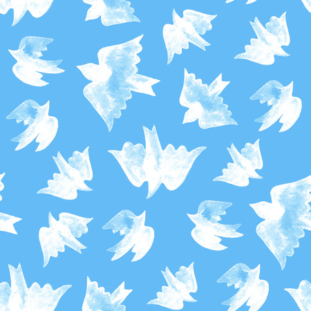 Watercolor white birds seamless pattern on blue background.の写真素材