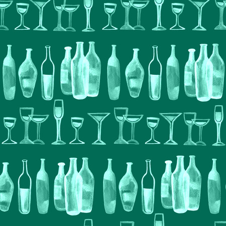 Abstract seamless background. Green wine bottles, glasses and watercolor blots.の写真素材