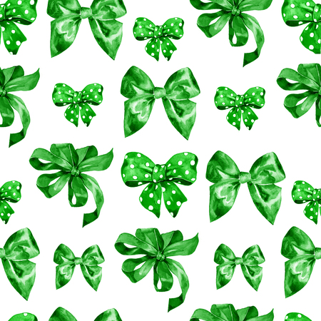 Watercolor satin green bow seamless pattern on white backgroundの写真素材