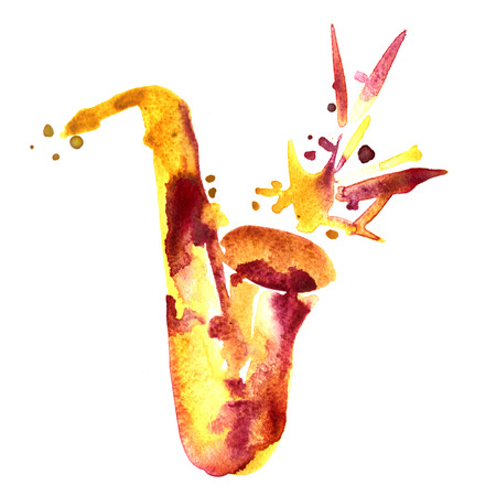 hand drawn classical alto saxophone on watercolor splashの写真素材