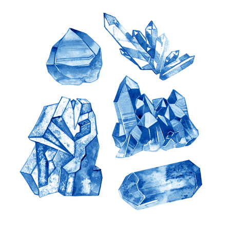 Watercolor blue crystal gems collection. Hand painted illustration with minerals isolated on white background.の写真素材