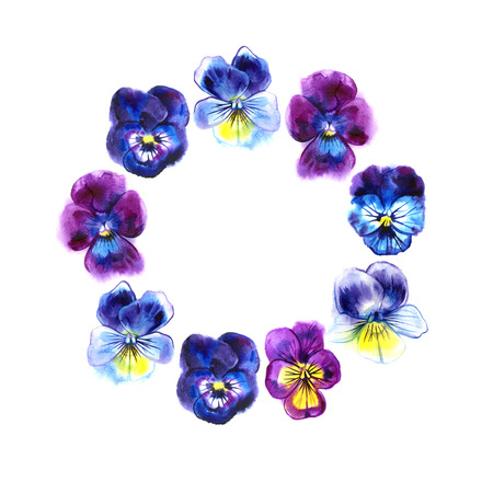 Boarder with hand drawn pansy flowers. Purple, violet, yellow. Retro background with romantic flowers.Perfect frame for wedding and birthday cards, invitationsの写真素材