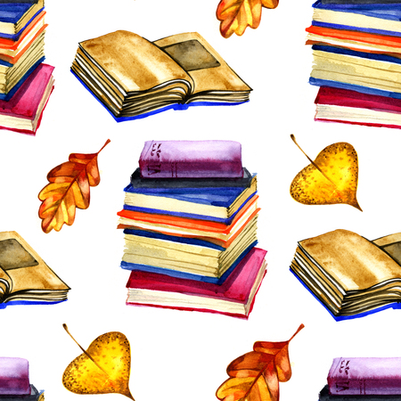 background with autumn leaves and books. Autumn watercolor seamless pattern.の写真素材