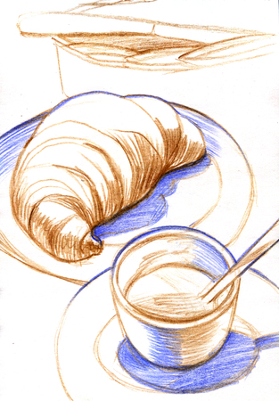 Hand drawn coffee cup. Sketched hot tea drink.の写真素材