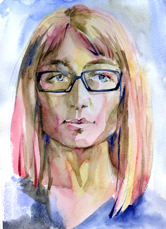 Watercolor pink hair girl in the glassesの写真素材