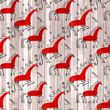 Folk ornamental. Mezen painting seamless pattern. Wood texture backgroundの写真素材