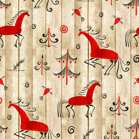 Folk ornamental. Mezen painting seamless pattern. Wood texture backgroundの写真素材