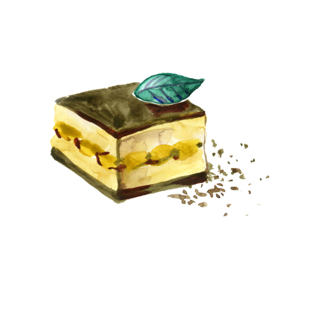 watercolor Italian sweet dessert tiramisu painted on white backgroundの写真素材