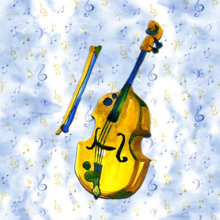 Cello in watercolor style. Vintage hand drawn violoncello illustration on a blue backgroundの写真素材
