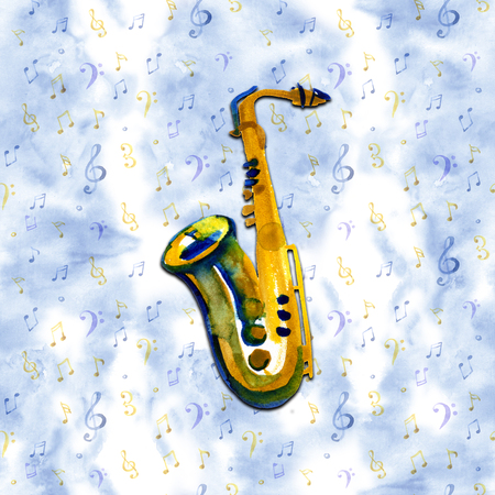 Watercolor copper brass band saxophone on blue white backgroundの写真素材