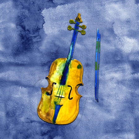 watercolor sketch illustration of a violin. Cello on blue backgroundの写真素材