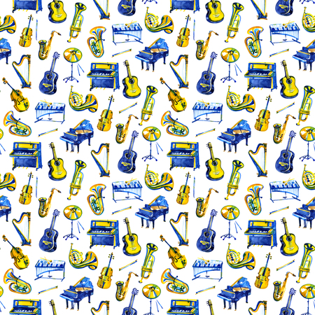 Watercolor music pattern. Seamless background with musical instruments.の写真素材