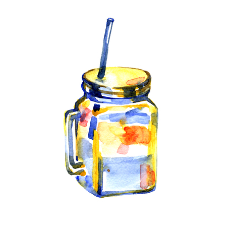 Glass mug with lid and tube. Hand drawn watercolor painting on white background.の写真素材