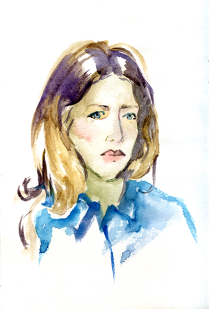 Beautiful women face. Serious girl portrait. Watercolor painting on white background.の写真素材