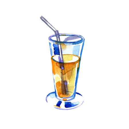 Hand drawn abstract artistic cooking illustration of tropical lemonade shake drink in glass jar isolated on white background. Diet detox concept.の写真素材