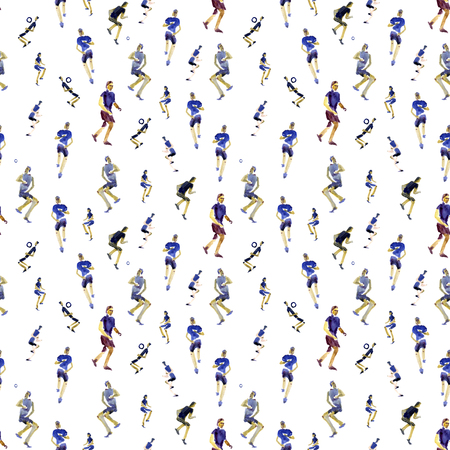 Seamless background. Soccer players kicks the ball with paint splatter design. footballer. isolated on white background. watercolor illustration. Shooting soccer player. Design element.の写真素材