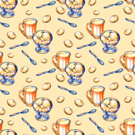 White cup of cappuccino with cookies. Sweets on white background. Watercolor illustration.の写真素材