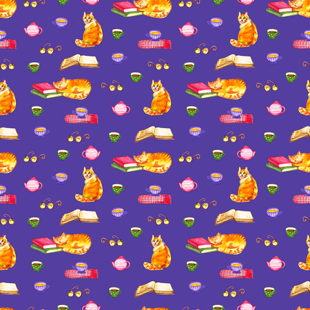 Watercolor cats seamless wallpaper. Cartoon animals children illustration. Emoji violet pattern background.の写真素材
