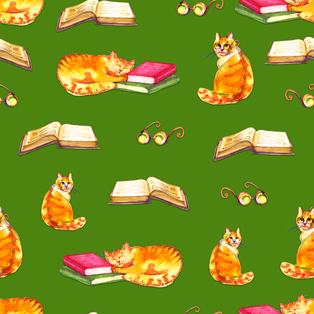 Watercolor cats seamless wallpaper. Cartoon animals children illustration. Emoji green pattern background.の写真素材