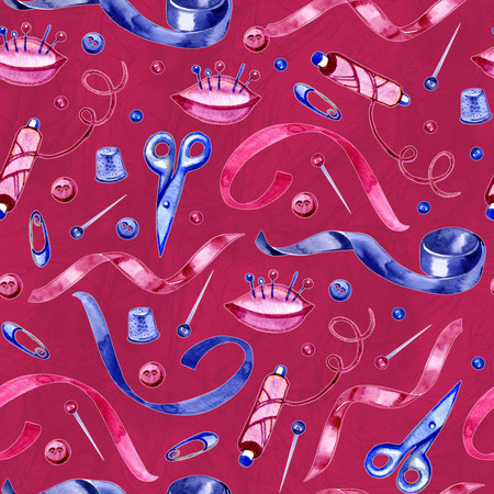 Seamless pattern with illustrations of sewing toolsの写真素材